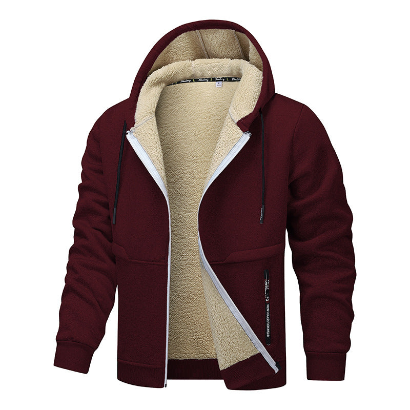 Thick Sherpa Lined Hooded Zipper Jacket - maroon
