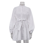 Elegant Long-Sleeved Lotus Collar Pleated Design Sense Single-breasted Strap A- Line Dress