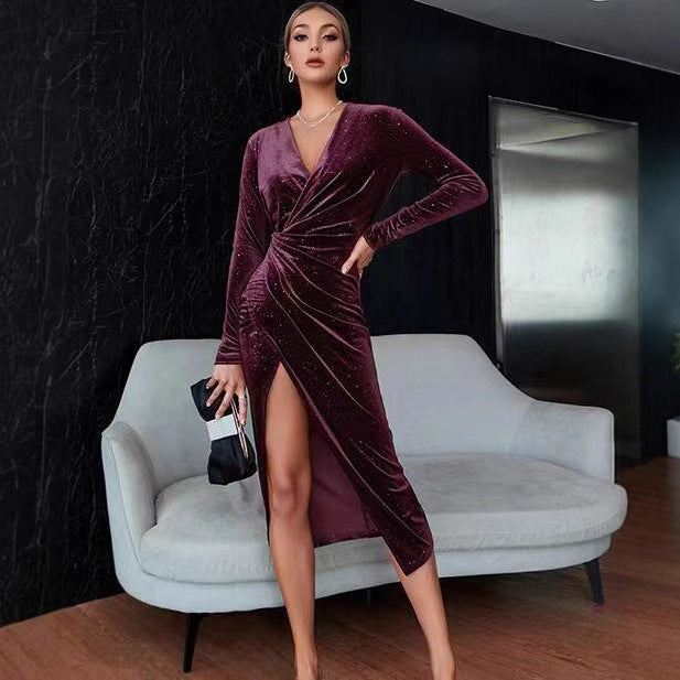 Long Sleeve Velvet Evening Midi Dresses