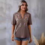 Fashion Flowers Embroidery Short Sleeve T-shirt - brown