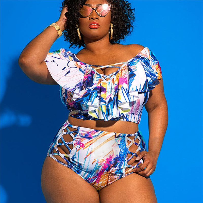 High Waist Printed Plus Size Bikini -runwayfashionista.com
