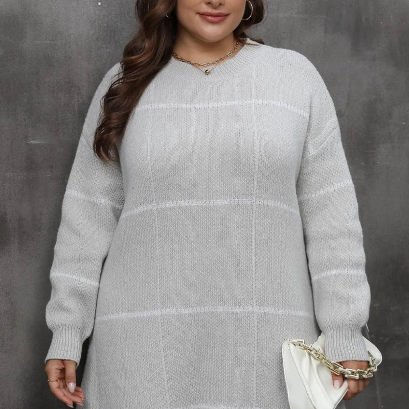Plus Size Round Neck Long Sleeve Sweater Dress in  grey