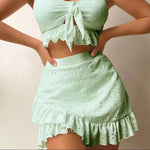 Broderie Anglaise Tie-Front Crop Top, Bikini Bottom & Ruffle Mini Skirt 3-Piece Beach Set - green