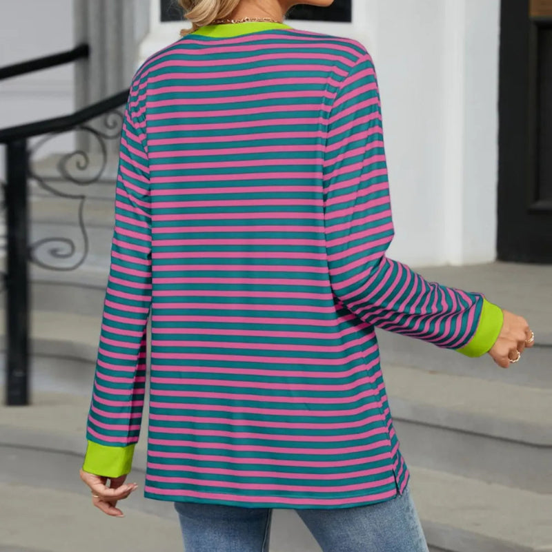 Pocketed Striped Round Neck Long Sleeve T-Shirt - runwayfashionista.com