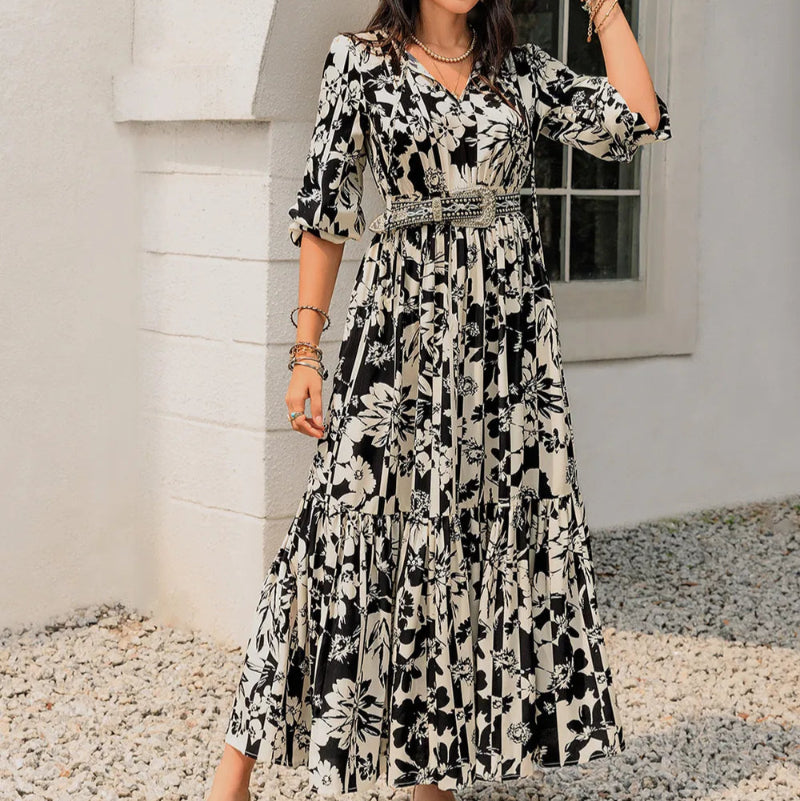 Smocked Printed Tie Neck Long Sleeve Dress -runwayfashionista.com