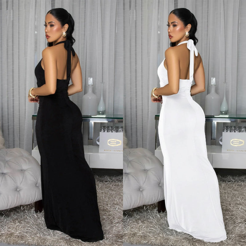 Backless Halter Deep V Neck Maxi Dress