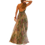 Sleeveless Military Green Printed Maxi Dress with High Waist and Flowing Silhouette