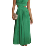 High Neck Side Cut-Out Pleated Midi Dress - green