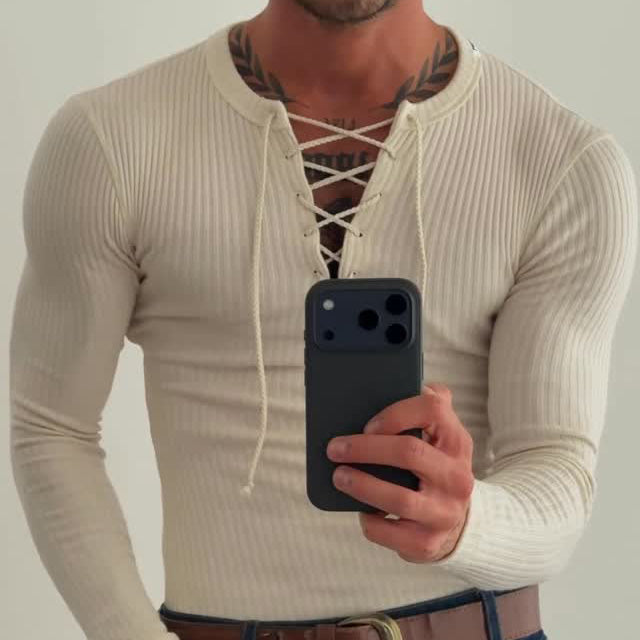 Beige Ribbed Knit Lace-Up V-Neck Long Sleeve Top