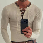 Beige Ribbed Knit Lace-Up V-Neck Long Sleeve Top