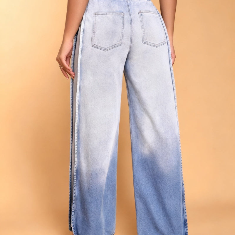 Light Blue Ombre Wide-Leg Jeans With Elastic Waist