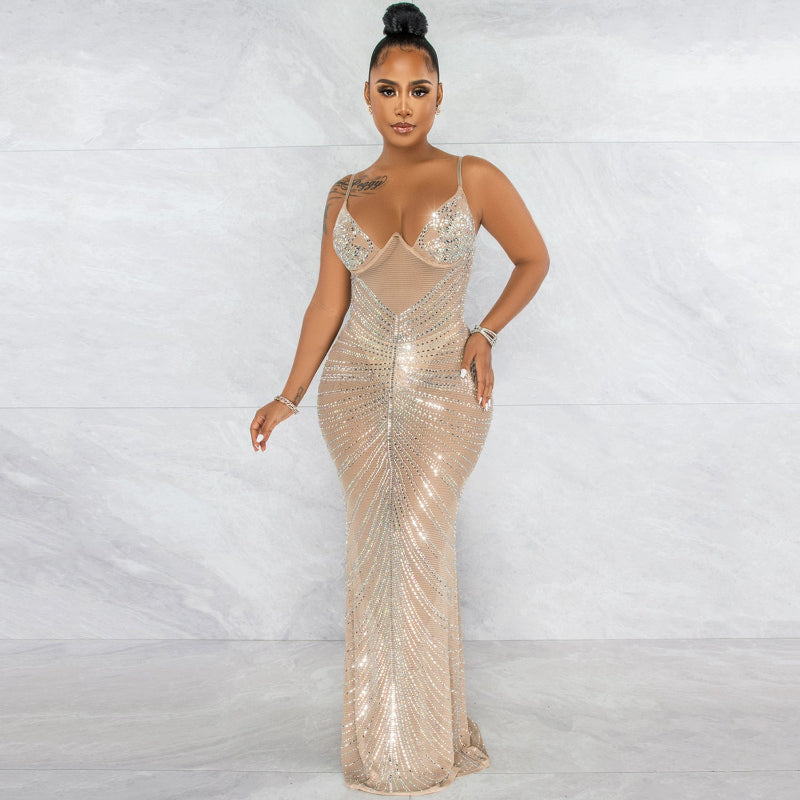 Beaded Strapless Sheer Mesh MaxiDress - Apricot