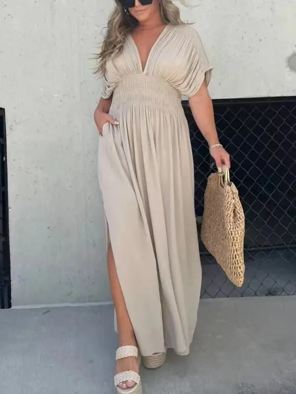 Short Sleeve Elastic Waist Maxi Dresses - khaki