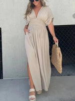 Short Sleeve Elastic Waist Maxi Dresses - khaki