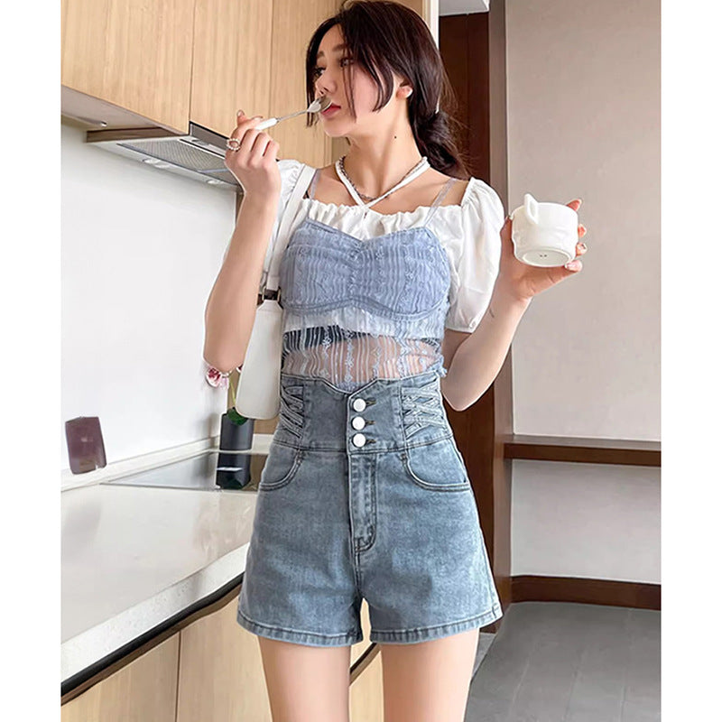 Casual Buttoned Denim A-Line Shorts