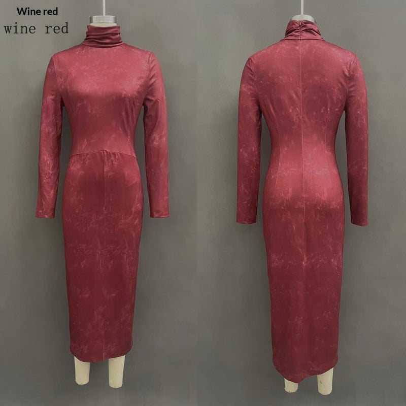 High Neck Long Sleeve Midi Dress - wine red