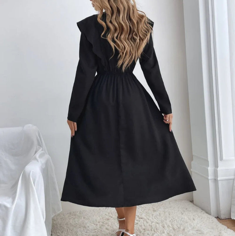 Ruched Ruffled Round Neck Long Sleeve Dress - runwayfashionista.com