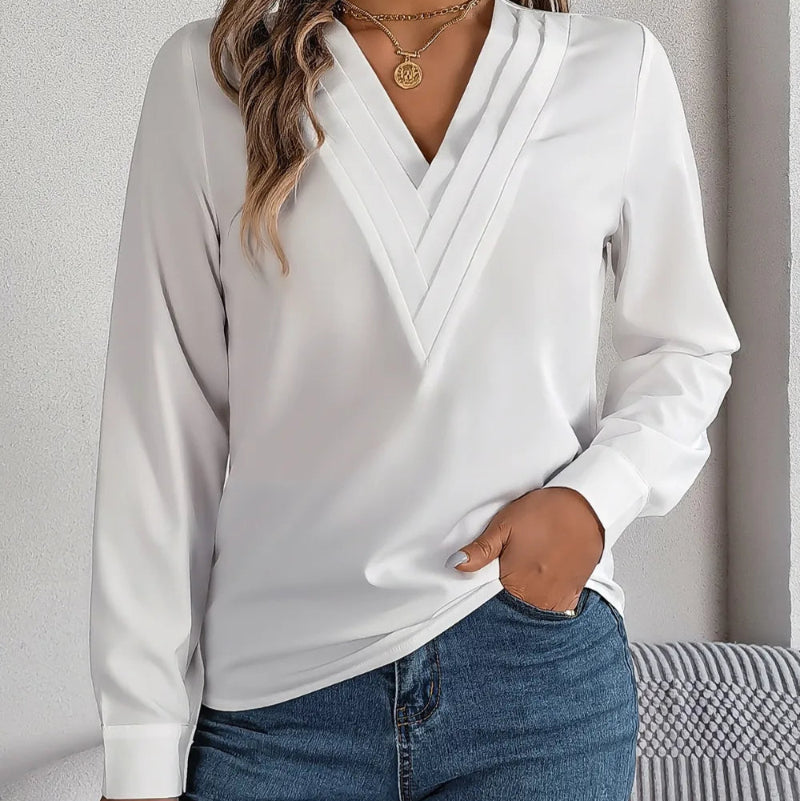 V-Neck Long Sleeve Blouse - runwayfashionista.com