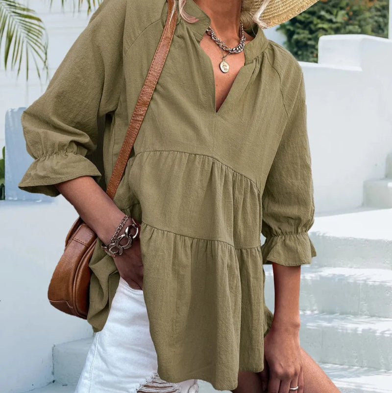 Ruffled Notched Three-Quarter Sleeve Blouse -runwayfashionista.com