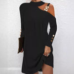 Long Sleeve Metal Buckle Halter Neck Casual Mini Dress - black