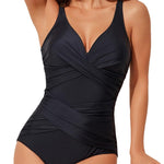 This high-waist swimsuit features a daring crossed design that sculpts and flatters your figure with slimming appeal.