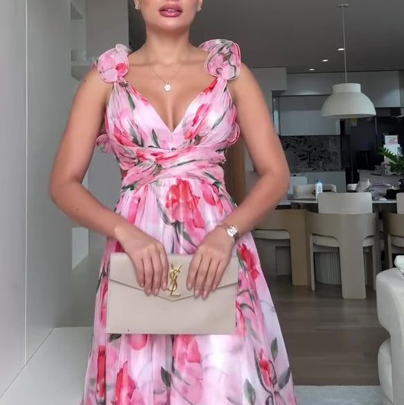 Floral Print Open Back Strap Maxi Dress