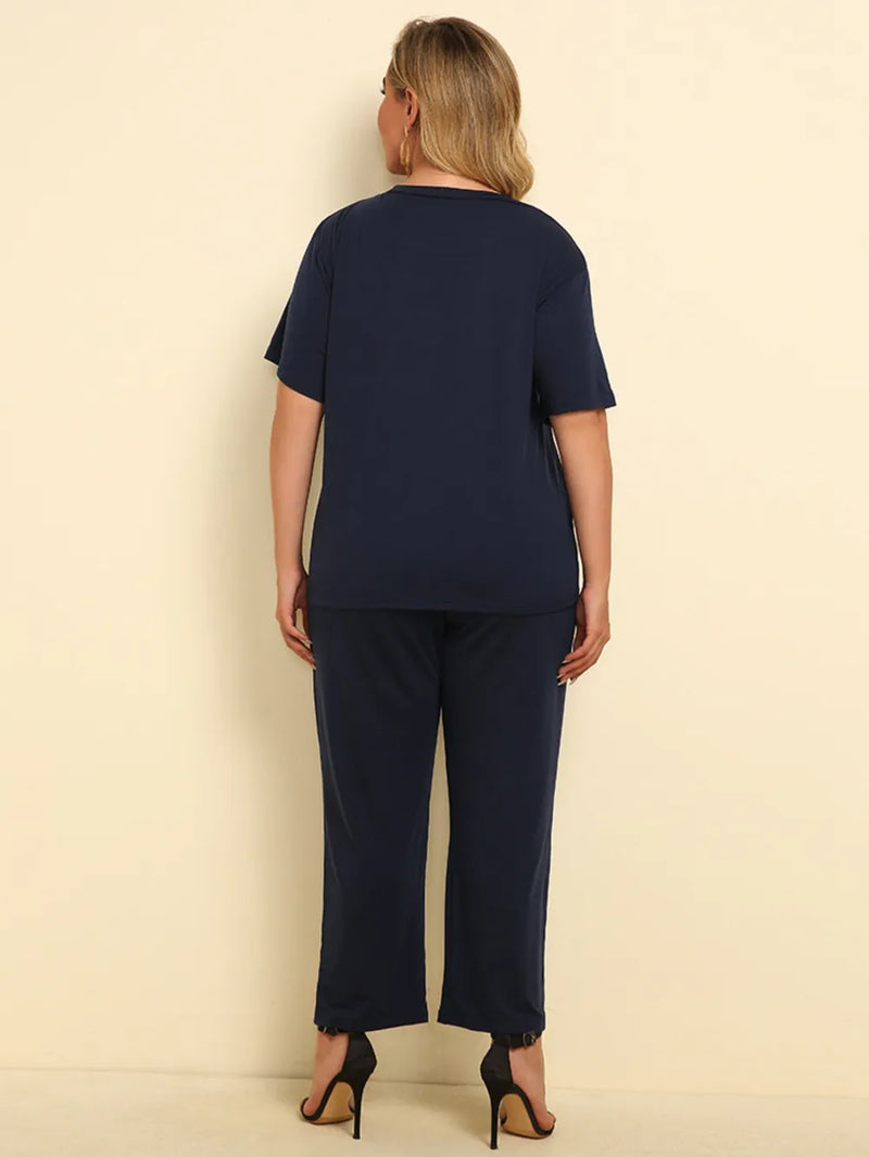 Plus Size PEACE FOREVER Dark Blue Short Sleeve Top & Pants Set - runwayfashionista.com