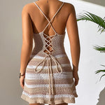 Striped Crochet-Look Cutout Mini Dress - dark khaki