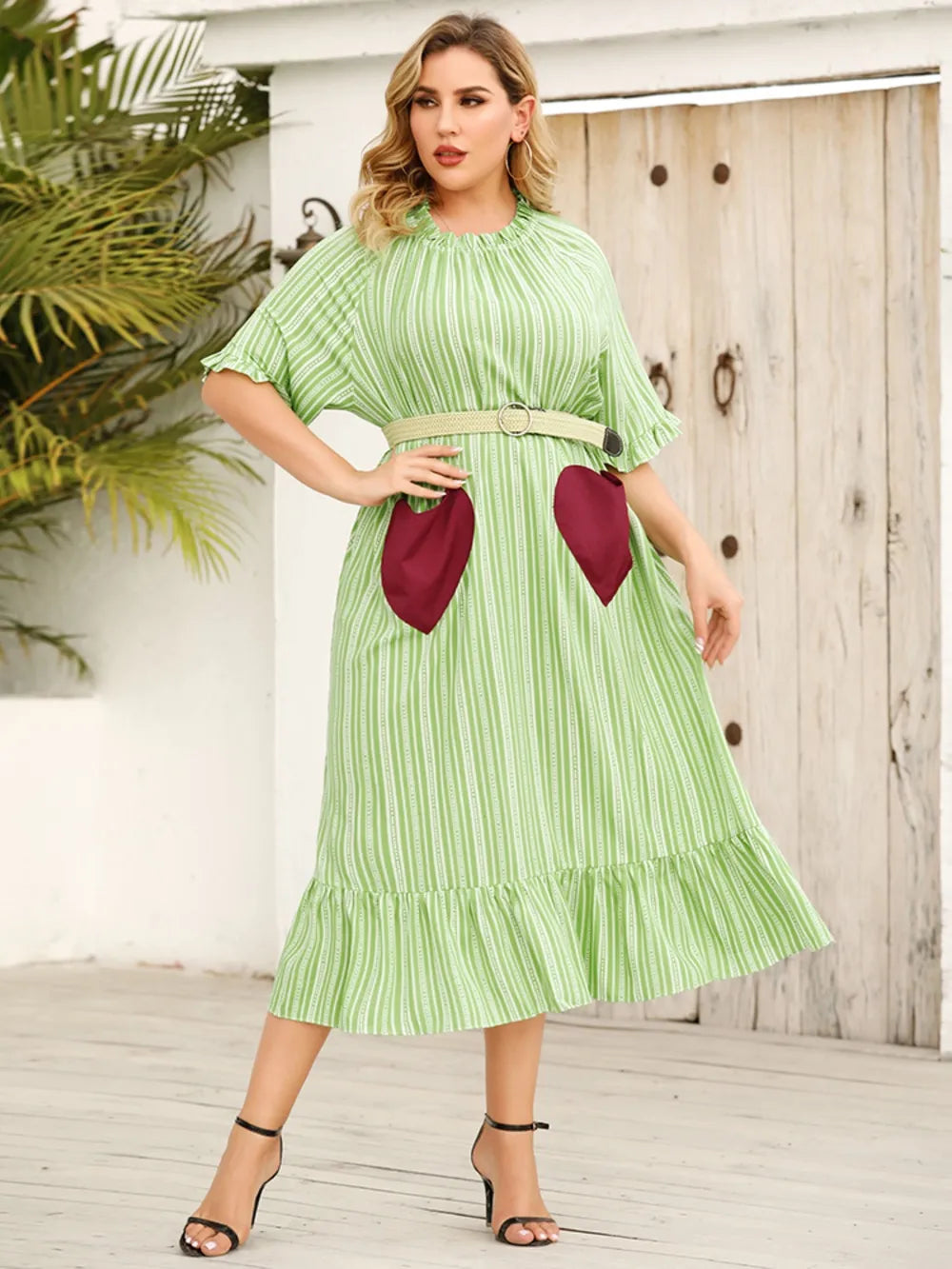 Plus Size Frill Heart Striped Half Sleeve Dress - Light Green - runwayfashionista.com