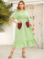 Plus Size Frill Heart Striped Half Sleeve Dress - Light Green - runwayfashionista.com