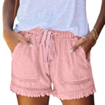 Elastic Waist Fringe Denim Shorts