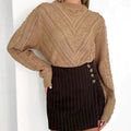 Openwork Round Neck Long Sleeve Sweater - runwayfashionista.com