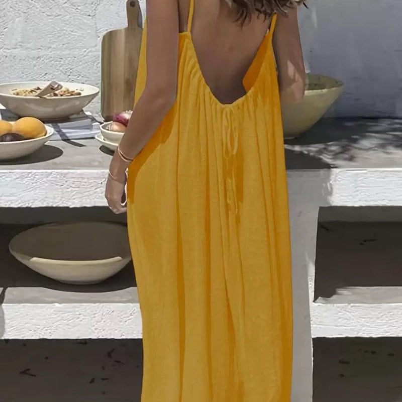 U-cut Backless Tie-up Long Dresses - yellow