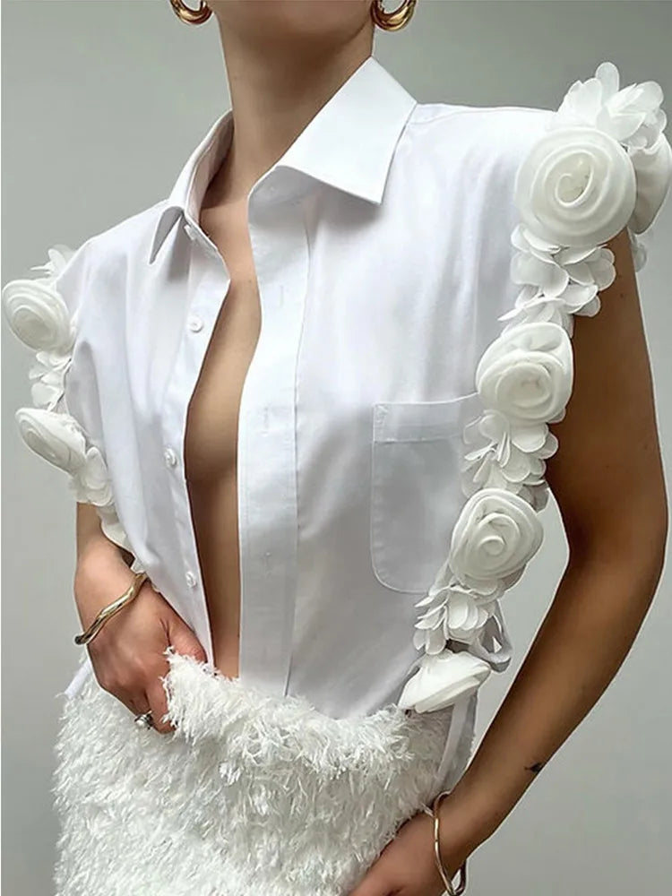 Three-dimensional flower decoration slim fit shirt