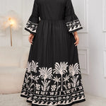 Honey Plus Size Printed V-Neck Long Sleeve Maxi Dress. Elegant V-neck, all-over print, long sleeves, comfortable stretch fabric.