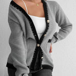 Contrast Trim Button Up Long Sleeve Cardigan - runwayfashionista.com