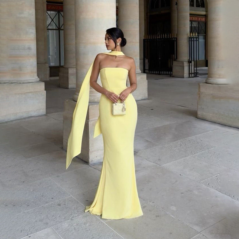 Elegant Strapless Ribbon-Trimmed Evening Gown - yellow