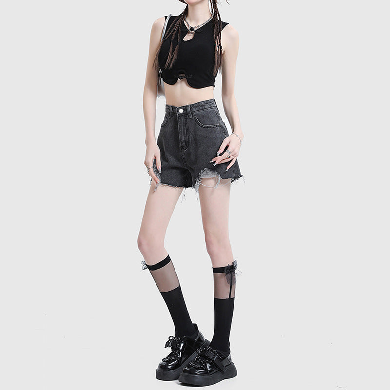 High Waist Distressed Loose Wide Leg Denim Shorts
