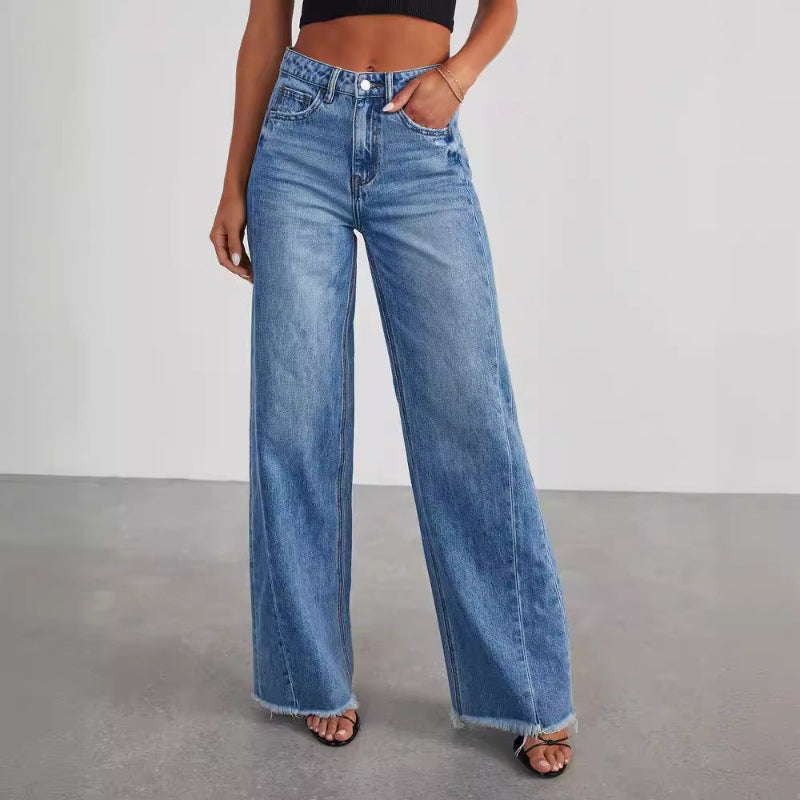 Loose Wide Leg Side Seam Splicing, Brushed Hem Denim Jeans - Cowboy Blue (S, M, L, XL)