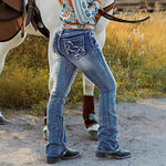 A pair of dark blue, high-waist, straight-leg denim jeans with subtle embroidery and a tie-dye gradient effect. The jeans are displayed flat, showcasing the style and texture.