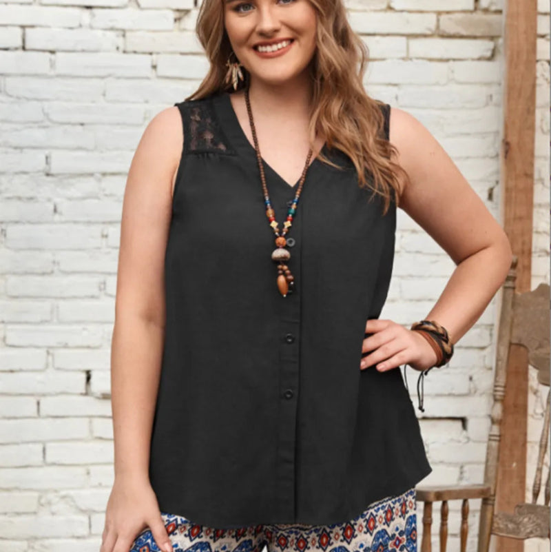 Plus Size V-Neck Tank Top with white lace detail on a hange