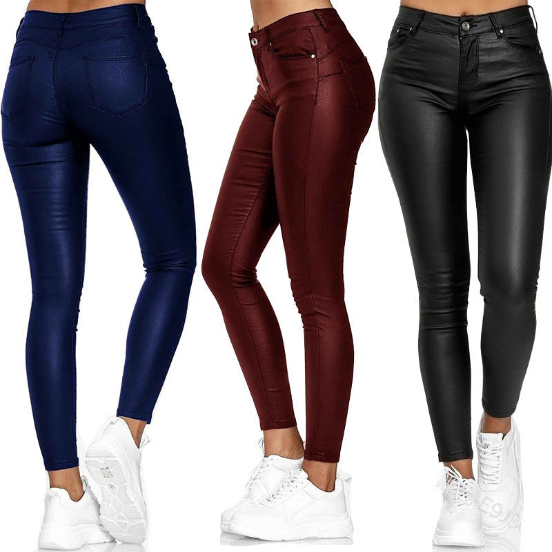 High Waist Solid Leather Casual Pants - runwayfashionista.com