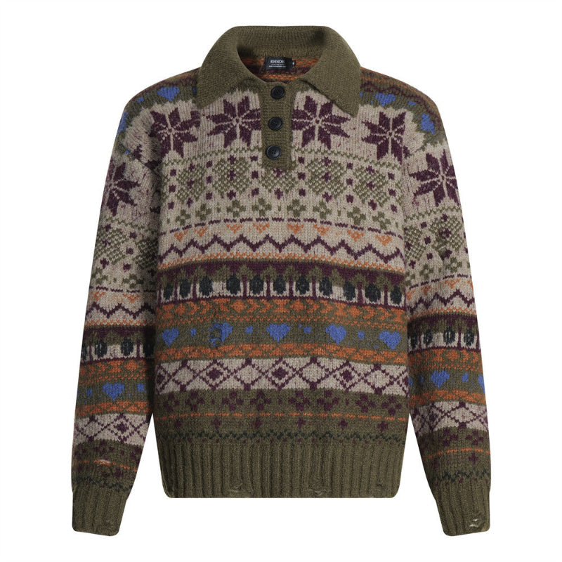 Forest Green Jacquard Turn-down Collar Sweater