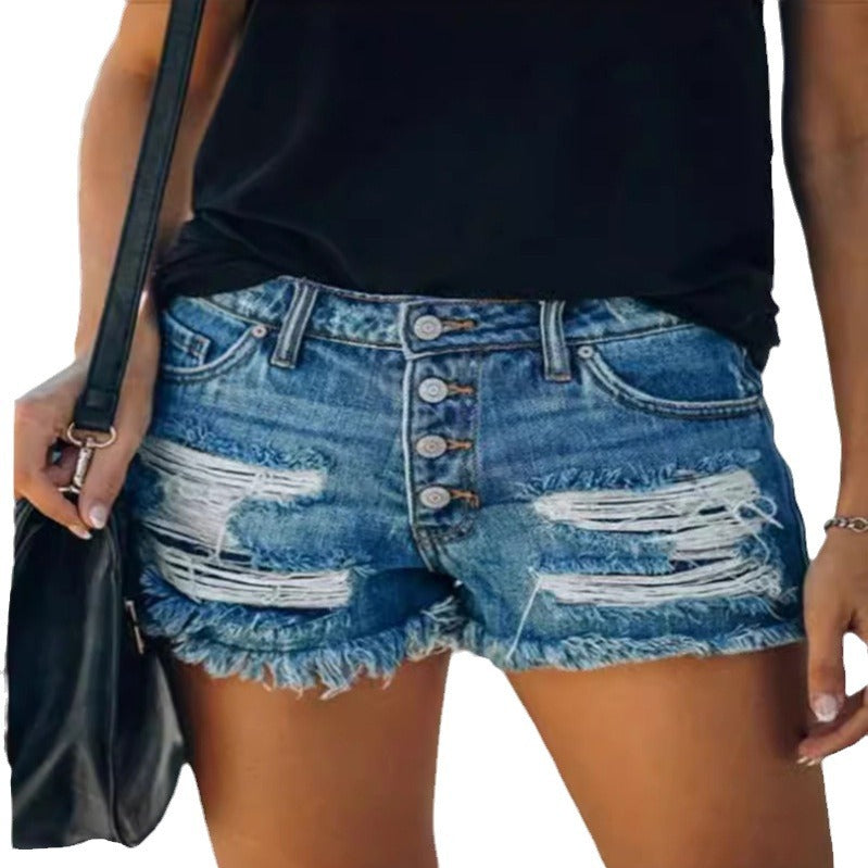 Broken hole tassel denim shorts