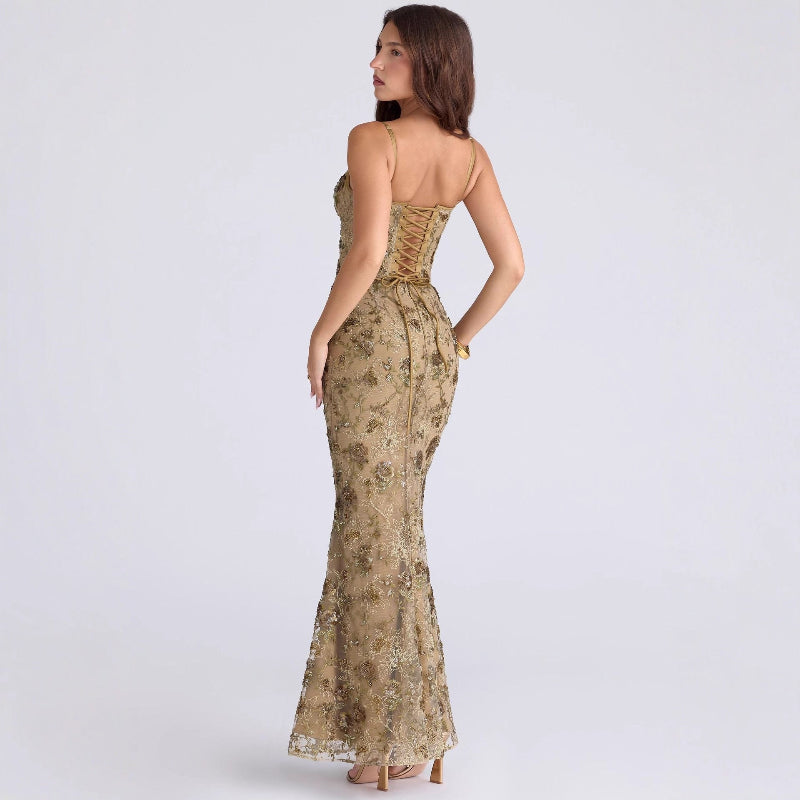 Elegant Low Neck Sleeveless Backless Tie-Up Maxi Dress - Bronze