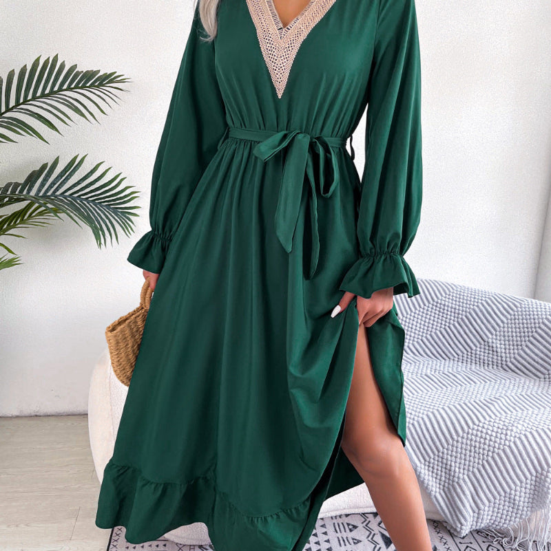 V-Neck Lace Waist Lotus Leaf Dress