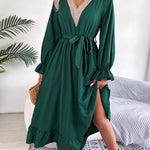 V-Neck Lace Waist Lotus Leaf Dress