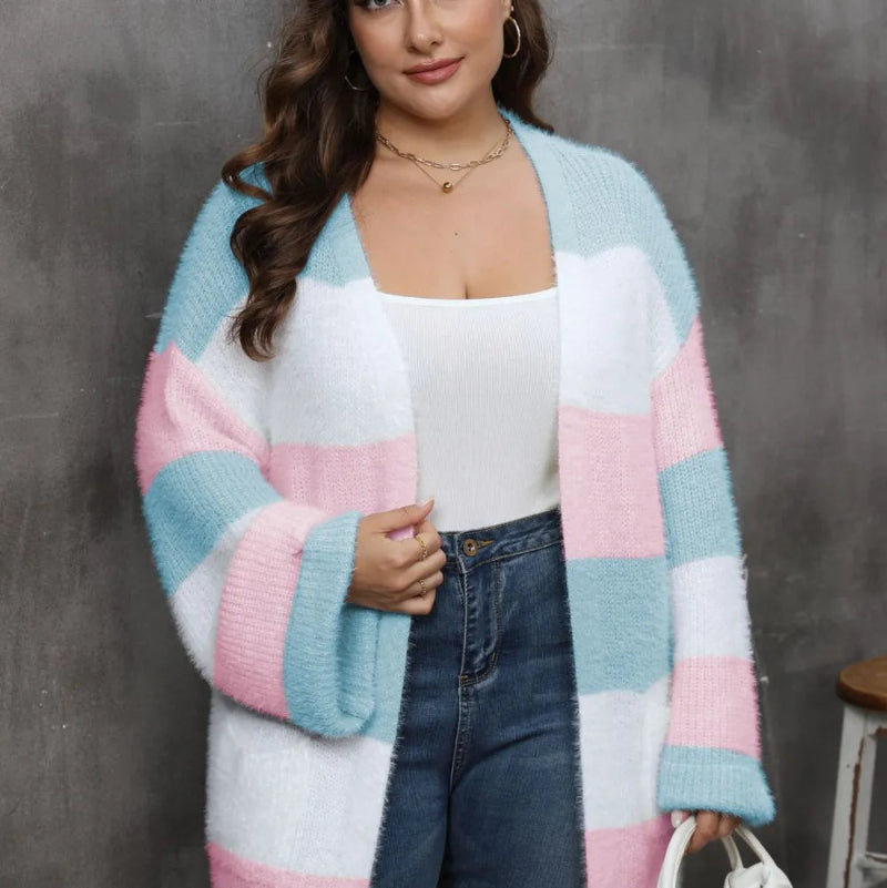Model wearing a cozy imitation mink fur plus size cardigan