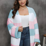 Model wearing a cozy imitation mink fur plus size cardigan