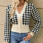 Houndstooth Button Up Long Sleeve Cardigan - runwayfashionista.com